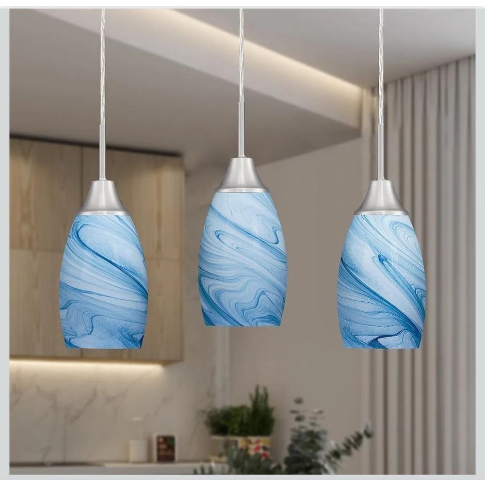 Blue Marble Glass Pendant Lights 3 Pack Brushed Nickel Adjustable Ceiling...
